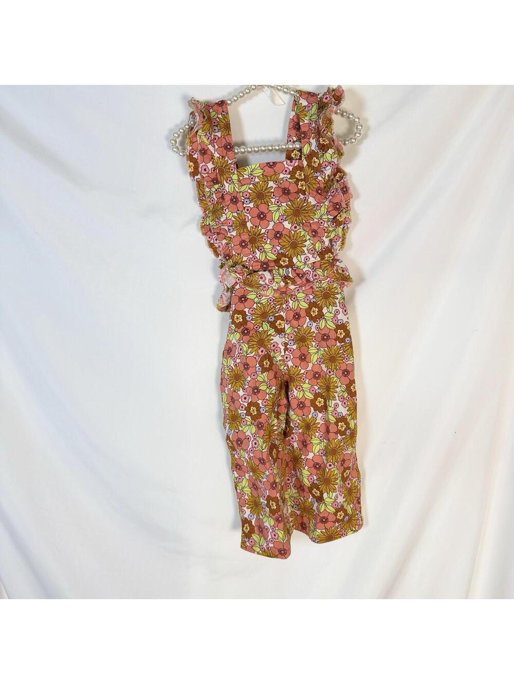 Wonder Nation Girl Retro Flower Power Ruffled Lightweight Overalls 2T 70’s